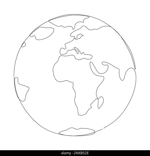 Dieses Bild ist eine sehr schlichte, minimalistische Strichzeichnung eines Globus auf rein weißem Hintergrund. Die gesamte Darstellung besteht lediglich aus einer dünnen, schwarzen Linie (One-Line-Art), die sowohl die kreisrunde Form der Erde als auch die Umrisse der Kontinente definiert. Im Fokus der Zeichnung stehen vor allem Afrika, Europa und Teile von Asien sowie der Antarktis am unteren Rand. Es gibt keine Farben, Schattierungen oder Details wie Ländergrenzen, was der Illustration einen sehr modernen 